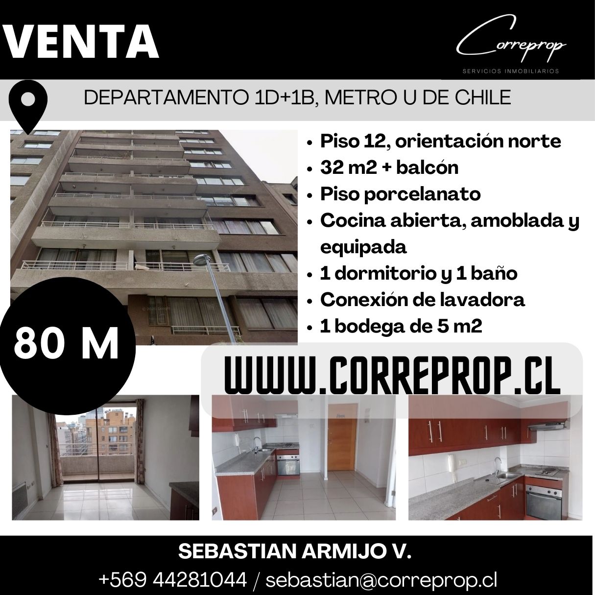 C00504 WWW.CORREPROP.CL VENTA DEPARTAMENTO SANTIAGO CENTRO METRO UNIVERSIDAD DE CHILE