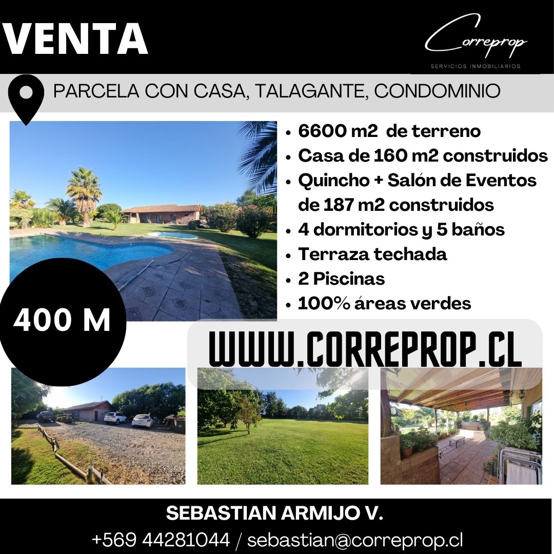 C00506 WWW.CORREPROP.CL VENTA PARCELA TALAGANTE CONDOMINIO