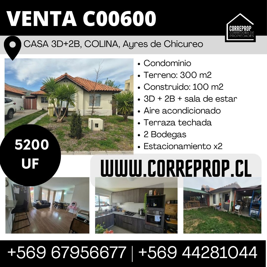 C00600 Casa 3D+2B+Estar, Colina, Ayres De Chicureo, Condominio