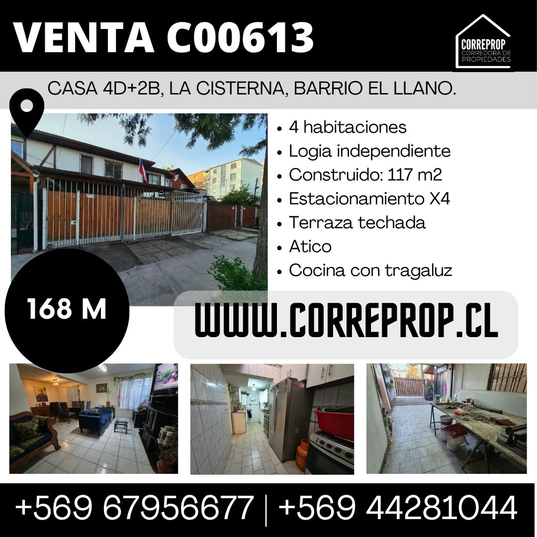 C00613 CASA 4D + 2B, LA CISTERNA, BARRIO EL LLANO